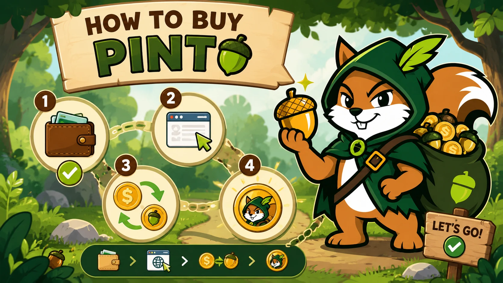 Cartoon guide showing the steps to buy PINTO
