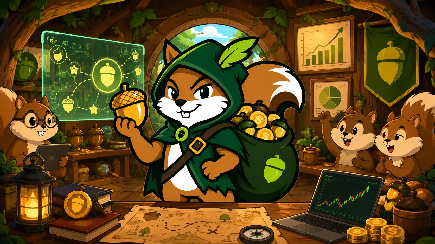 Pinto and a squirrel community inside a woodland command center