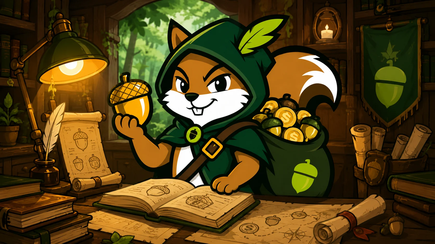 Pinto studying documents and acorn diagrams in a woodland library