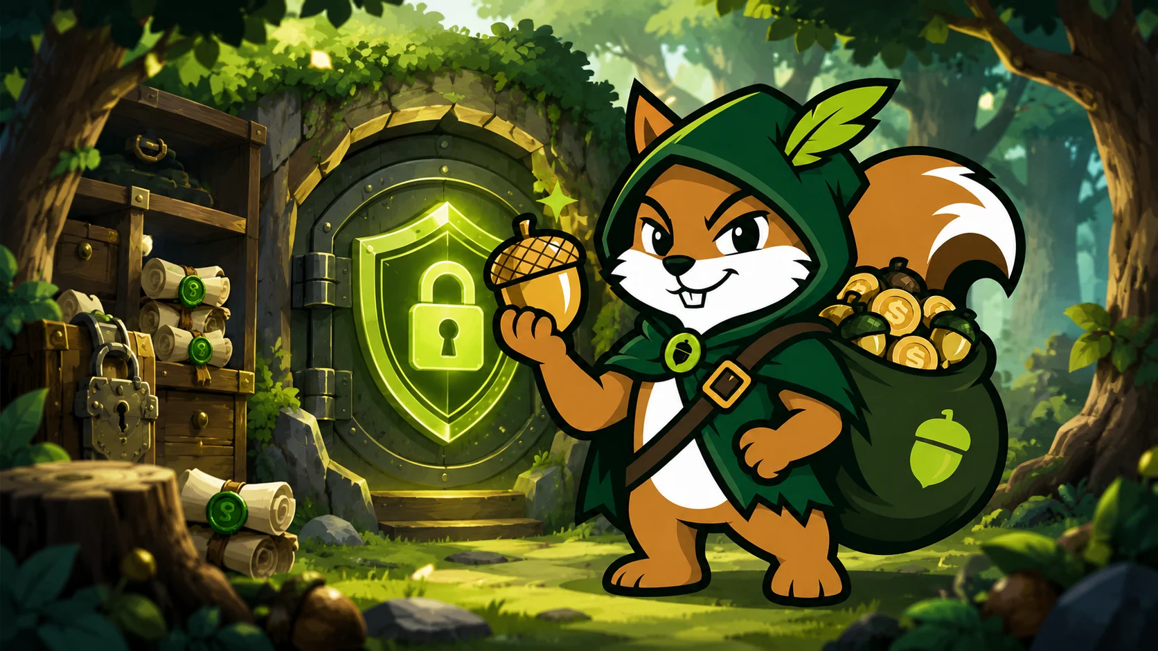 Pinto guarding a secure woodland vault with lock and shield symbols