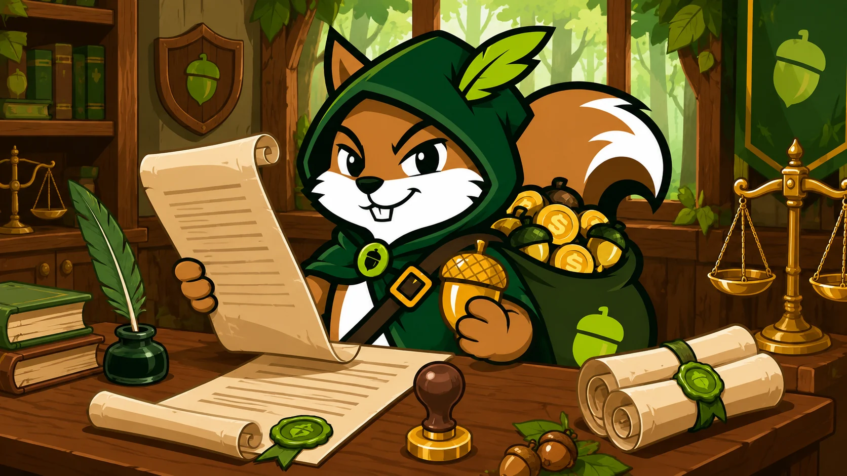 Pinto reviewing an official parchment in a woodland office